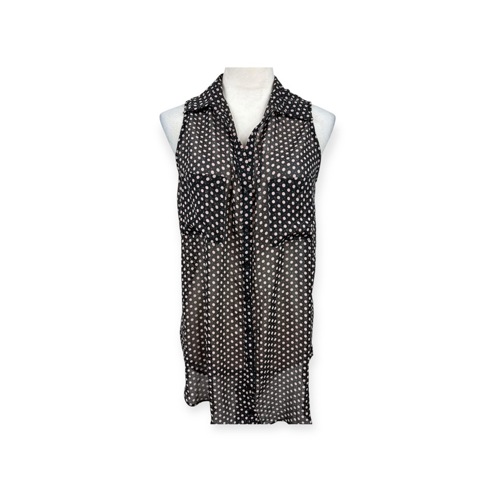 Pleione black semi sheer button up sleeveless Top with pink polka dots size S